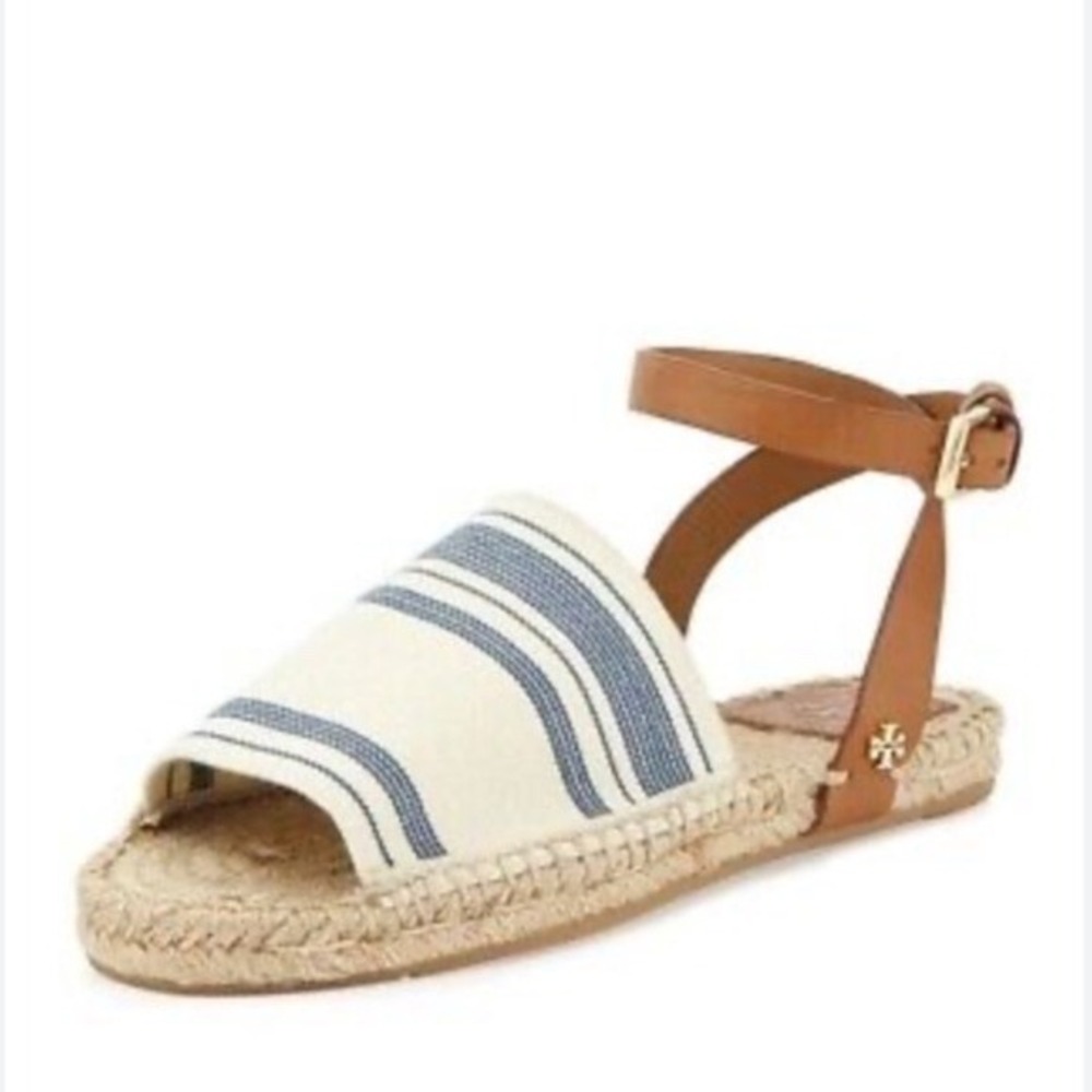 Tory Burch Striped Canvas Ankle Strap Espadrille Sandals Blue Cream Womens 9